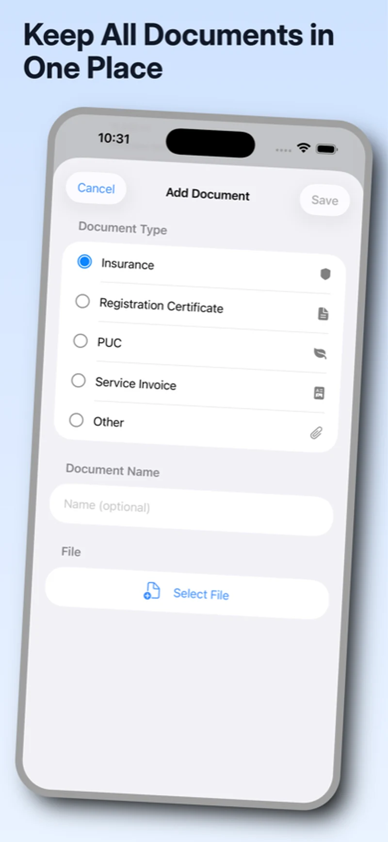 GarageLog vehicle document organizer with common document categories