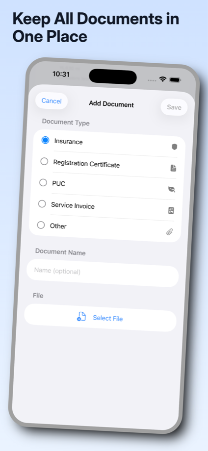 GarageLog vehicle document organizer with common document categories