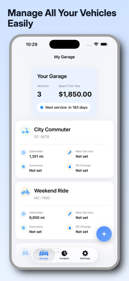GarageLog garage dashboard showing multiple vehicles and upcoming service information