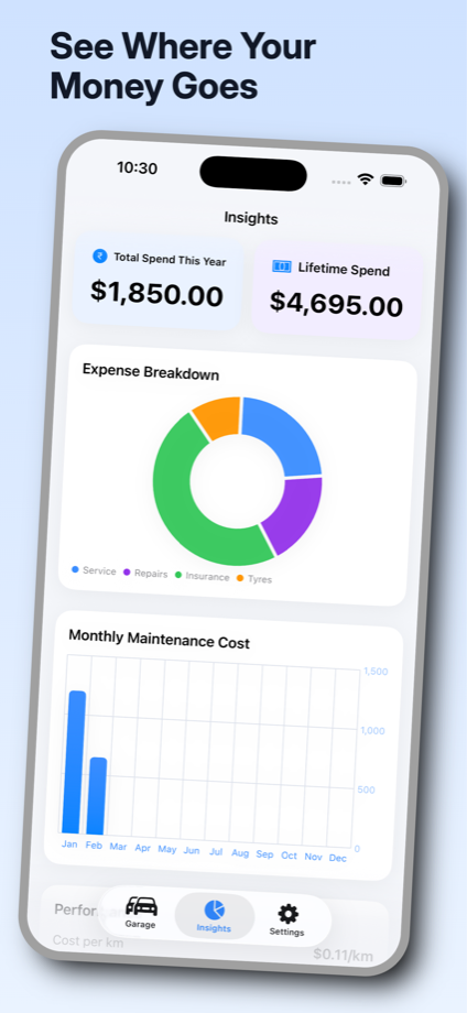 GarageLog expense insights with maintenance charts