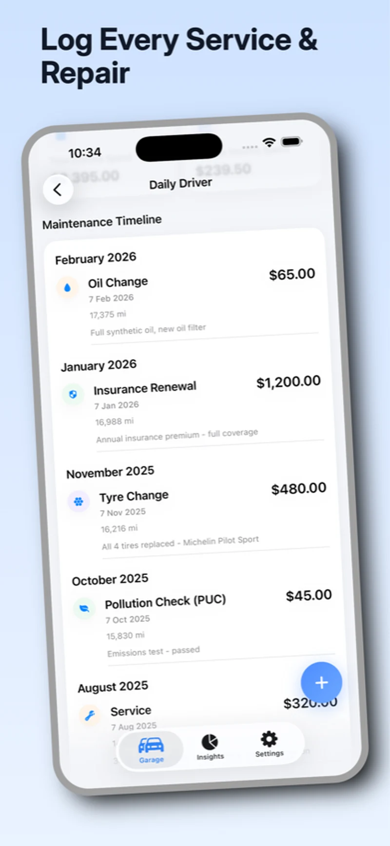GarageLog service history timeline with maintenance and repair entries