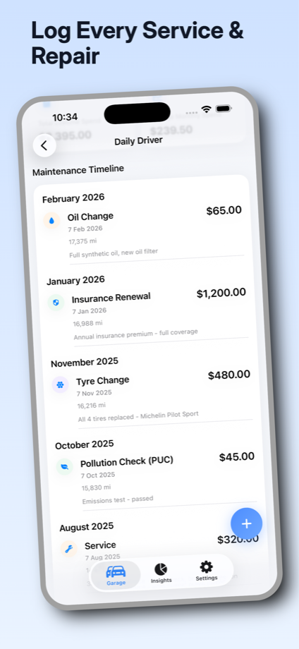 GarageLog service history timeline with maintenance and repair entries